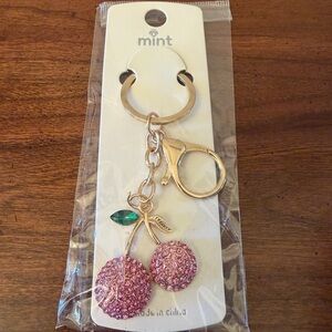 Cherry Bag Charm or Keychain with Pink Crystals & Gold Hardware